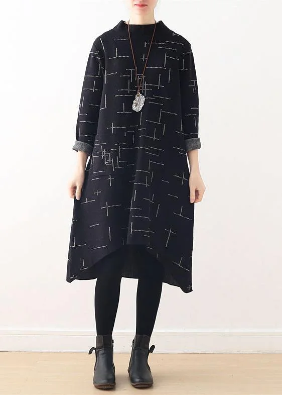 Fashion-Forward Outfits Loose high neck fallclothes linen black plaid Dress