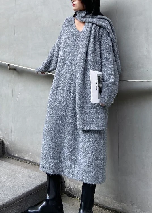 Fashion Deal Long woolen dress over the knee thick and loose, bottom with scarf gray knitted dress