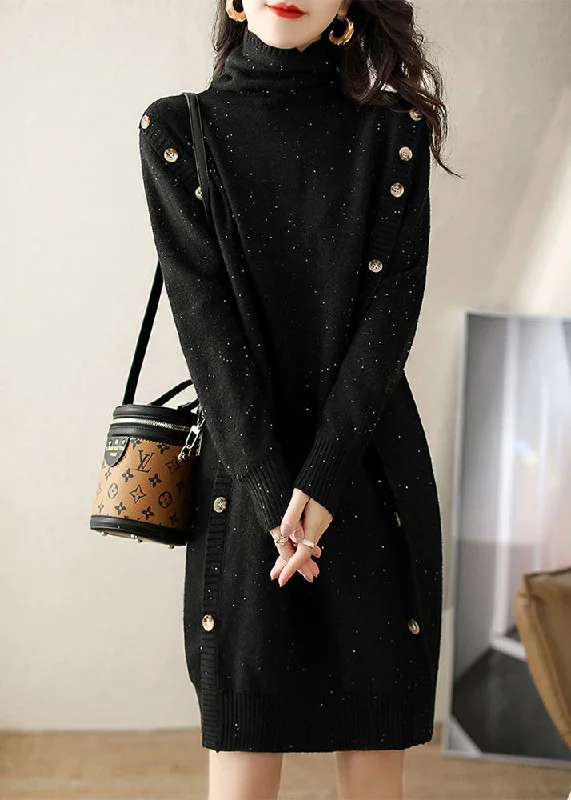 Trendy Street Style Silm Fit Black Turtle Neck Sequins Button Knit Dress Winter