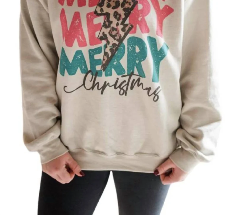 Chic Style, Always In Vogue Merry Merry Merry Christmas Sweatshirt In Sand