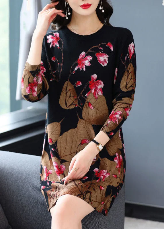 Boutique Styles Loose Black O-Neck Print Knit Mid Dress Spring