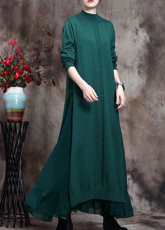 Weekend Special Elegant Green Stand Collar asymmetrical design Fall Knit Sweater Dress