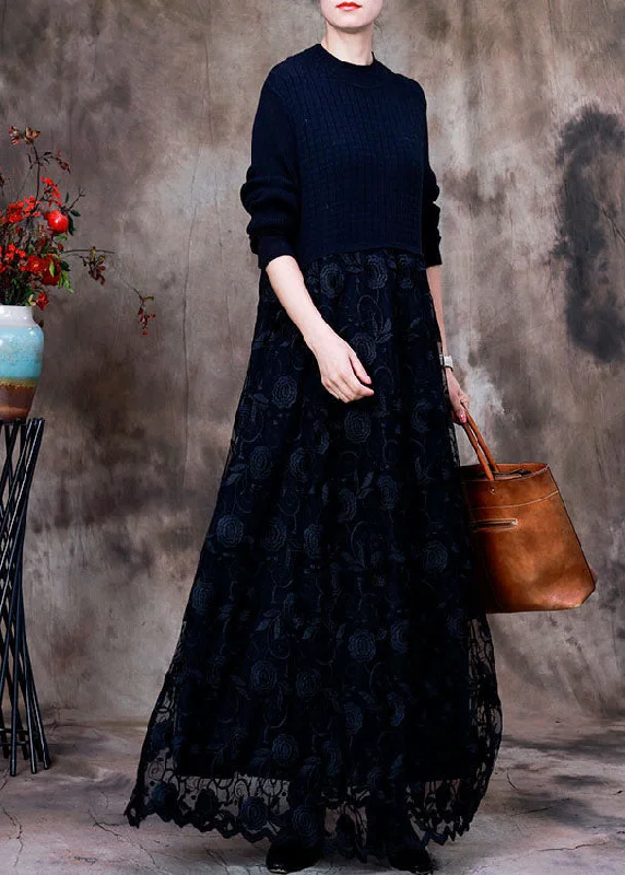 Romantic Date - Night Ensemble Fashion Black Lace Patchwork Knit Knitted Dress Winter