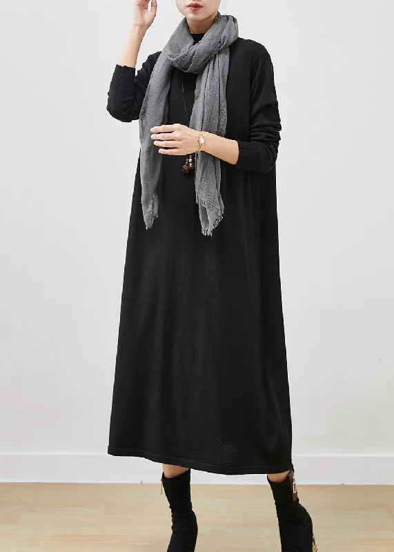 Seasonal Sale Black Silm Fit Knit Long Dress Stand Collar Spring