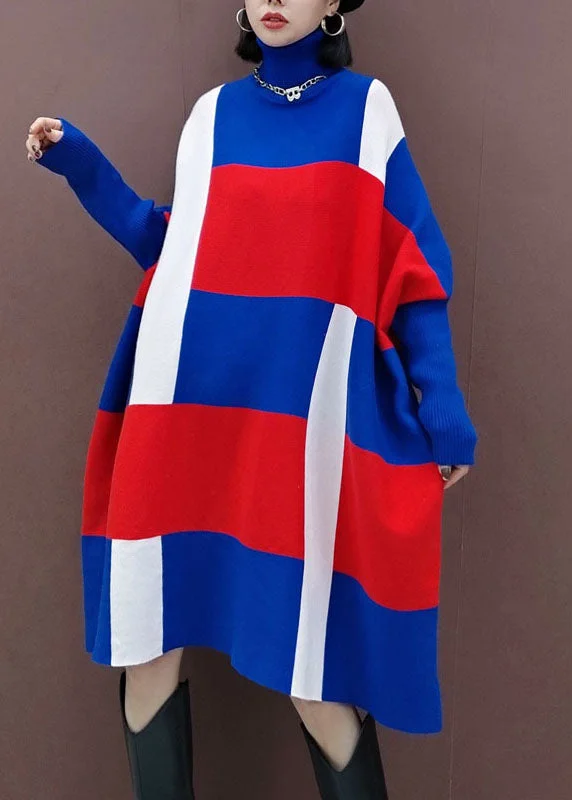 Chic Allure Plus size Blue red Turtle Neck Knit Dress Spring