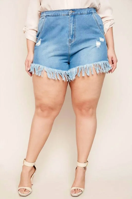 Catch Every Fashion Trend Fringe Hemmed Denim Shorts - Plus In Medium Wash