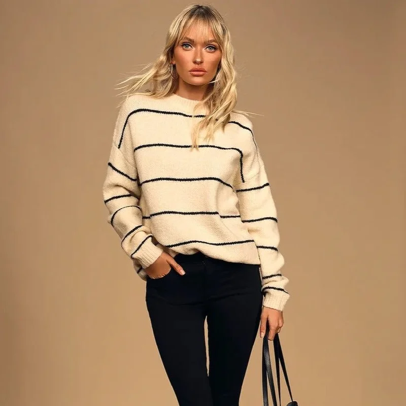 Holiday Attire Sale Stripe Long Sleeve Sweater (Black + Cream)