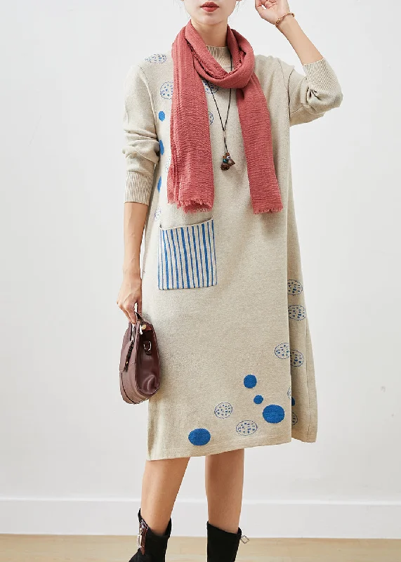 Big Savings Modern Light Grey Print Knit Long Dress Fall