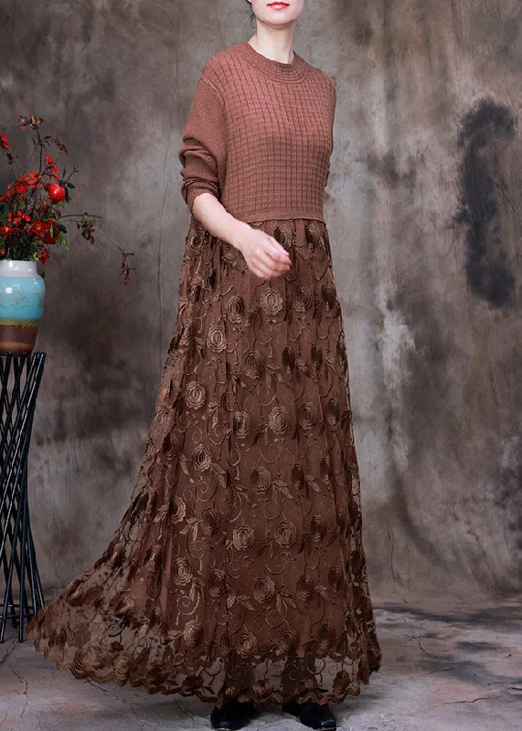 Chic Urban Fashion Look Chocolate Patchwork Knit Long Knit Dress Asymmetrical Winter