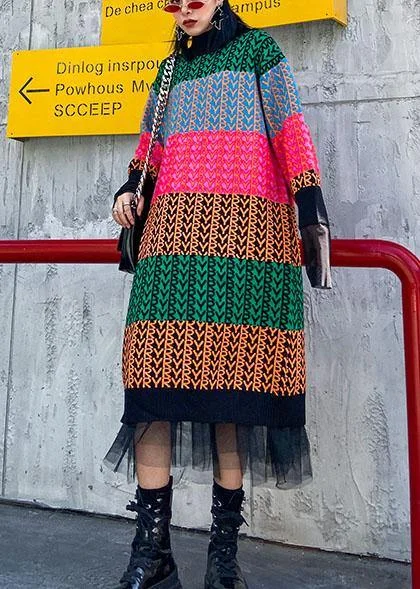 Fashion Forward Knitted rainbow Sweater dress outfit Beautiful o neck spring sweater dress