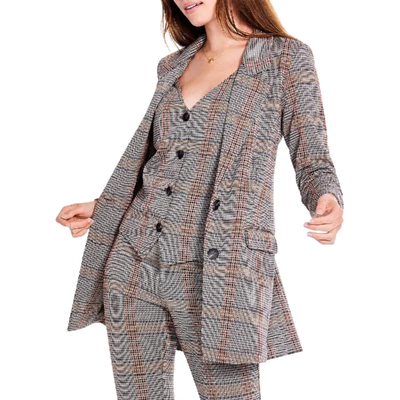 Flowy Fabric Womens Plaid Work Two-Button Blazer