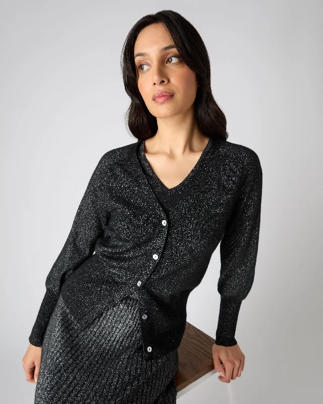 Innovate Your Wardrobe Women's V Necked Cashmere Cardigan With Lurex Black Sparkle