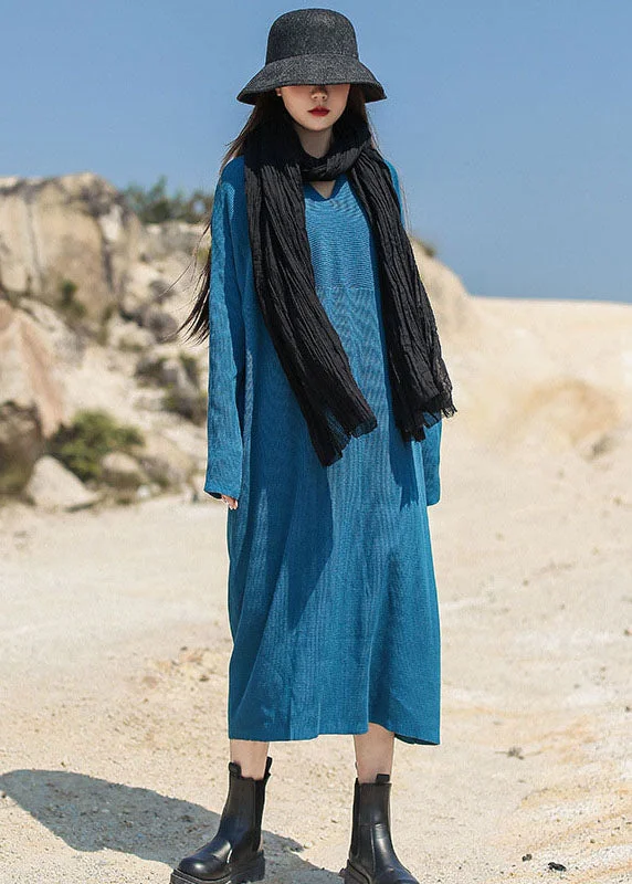 Luxe Layering Blue Loose Casual Knit Long Dress V Neck Spring