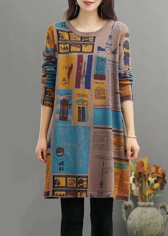 Evening Elegance Women Camel O Neck Print Patchwork Warm Fleece Mid Dress Winter