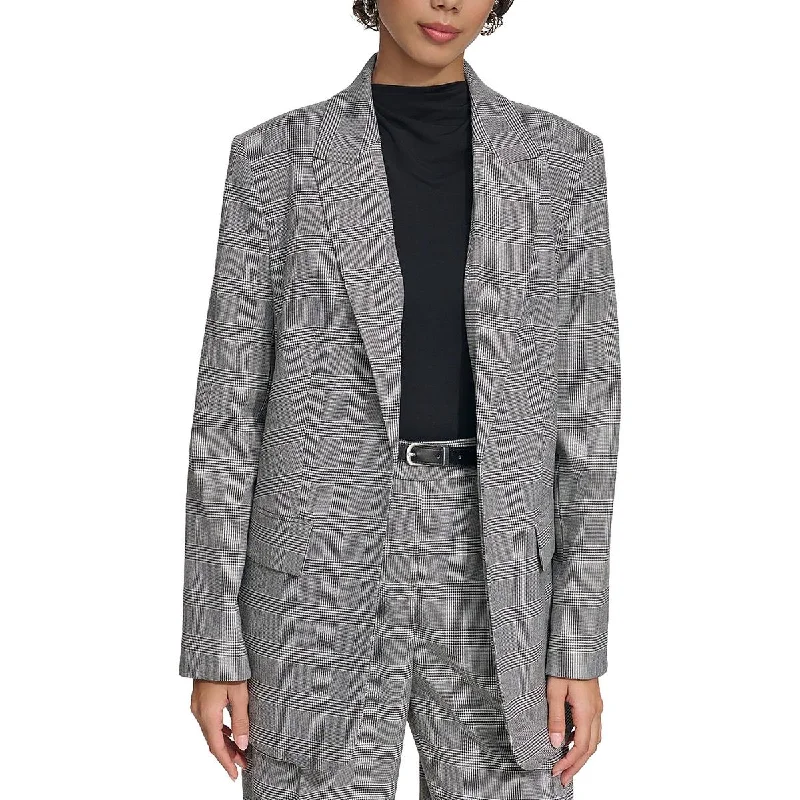 Feminine Charm Womens Plaid Shoulder Pads Open-Front Blazer