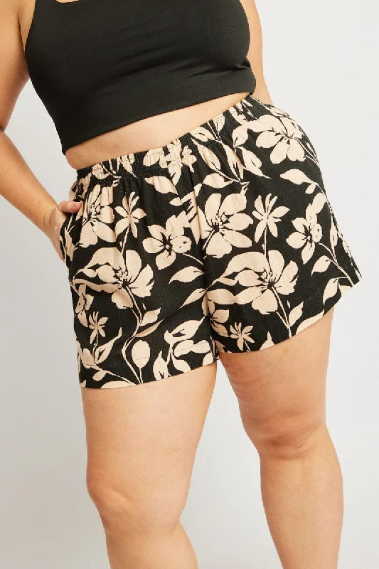 Fashion Forward Black Floral Elastic Waist Linen Blend Shorts