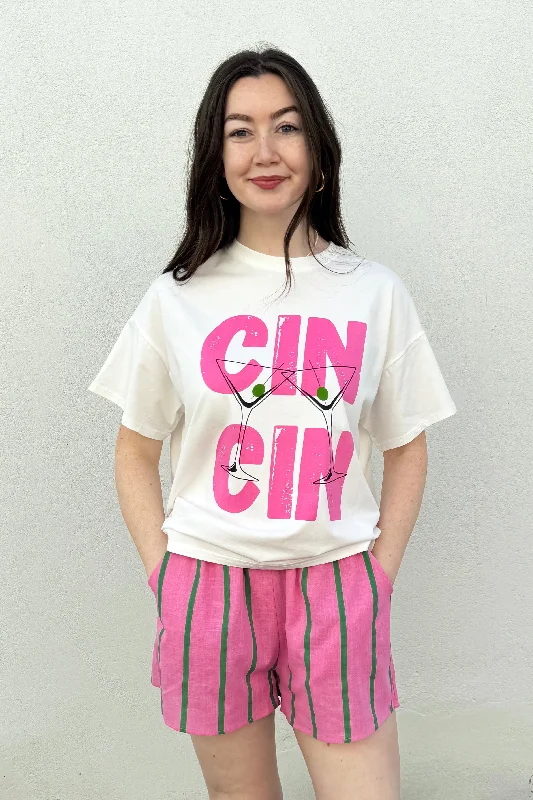 Trendy Pulse By Frankie - Cin Cin T Shirt Set, Pink/Green Stripe