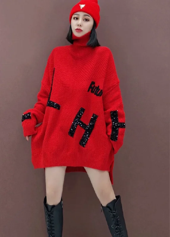 Lightweight Fabric Plus Size Red Turtle Neck fashion Knitted Dress Winter