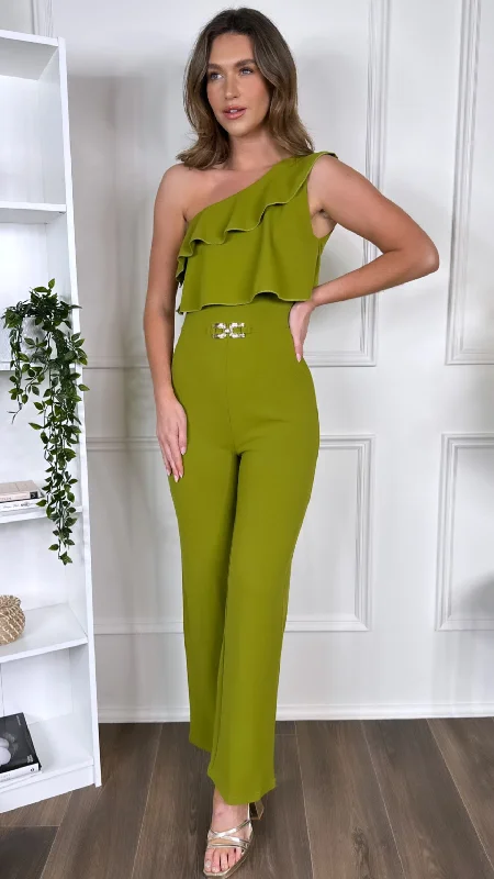 Runway Inspired Wear Sephora Green One Shoulder Ruffle Detail Jumpsuit