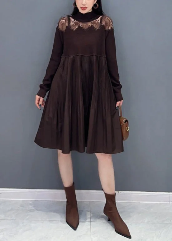 Sophisticated Outfits French Brown Hollow Out Wrinkled Knit Dresses Long Sleeve