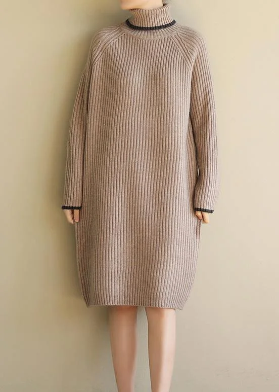 Day-To-Night Styles Aesthetic khaki Sweater dress outfit plus size wild tunic high lapel collar knit dress