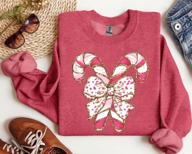 Women’S Urban Fashion Candy Cane Bow Sweatshirt In Red