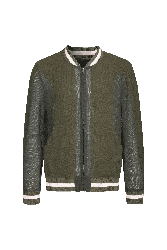 Feminine Soft - Hued Look Mesh-panelled Dark Green varsity Jacket