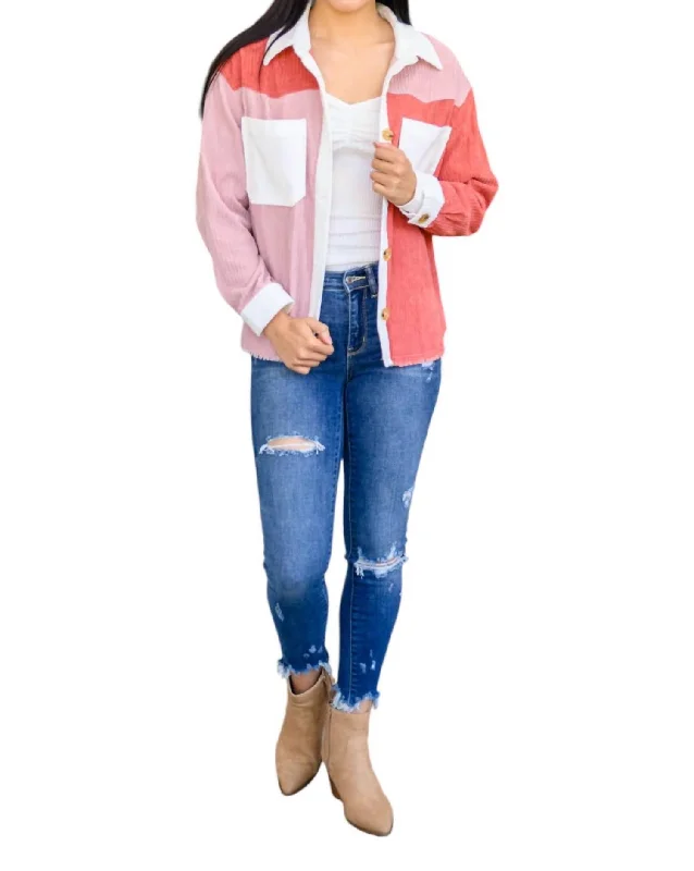 Boutique Styles Draw You Color Blocked Shacket In Mauve