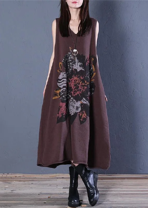 Fashion-Forward Outfits Plus Size Coffee V Neck Print Cotton Knit Long Dress Sleeveless