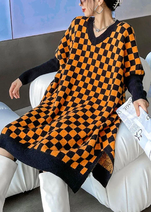 Big Savings On Minimalist Office Styles Boutique Orange Black Plaid Thick cozy Winter Long Sweater