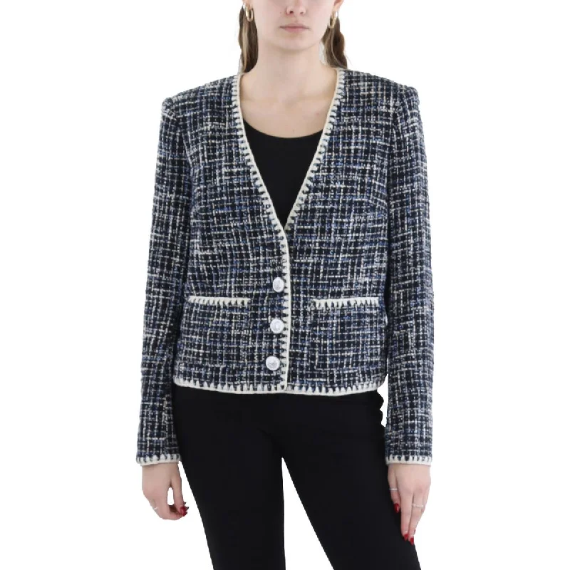 Elegant Details Womens Tweed Contrast Trim Collarless Blazer