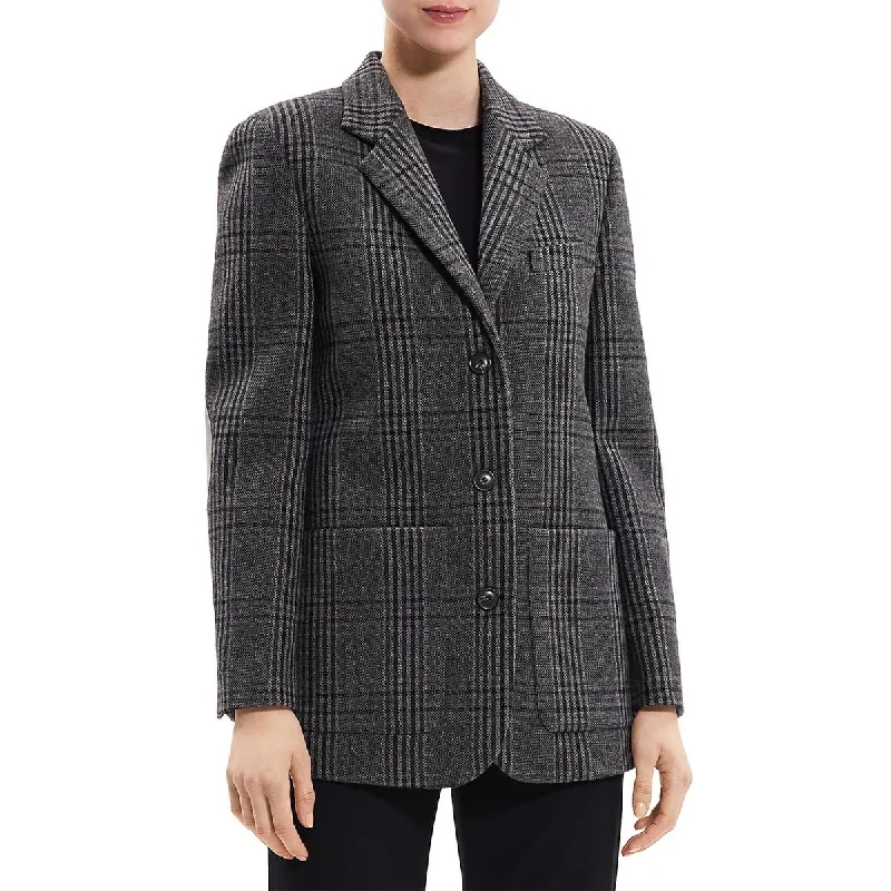 Graceful Cut Womens Plaid Padded Shoulder Double-Breasted Blazer