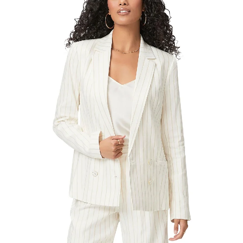 Flowing Silhouette Rosette Womens Linen Metallic Stripe Double-Breasted Blazer