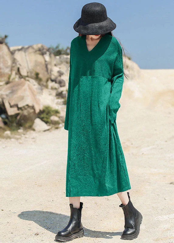 Effortless Comfort Women Green V Neck Patchwork Knit Maxi Dress Spring