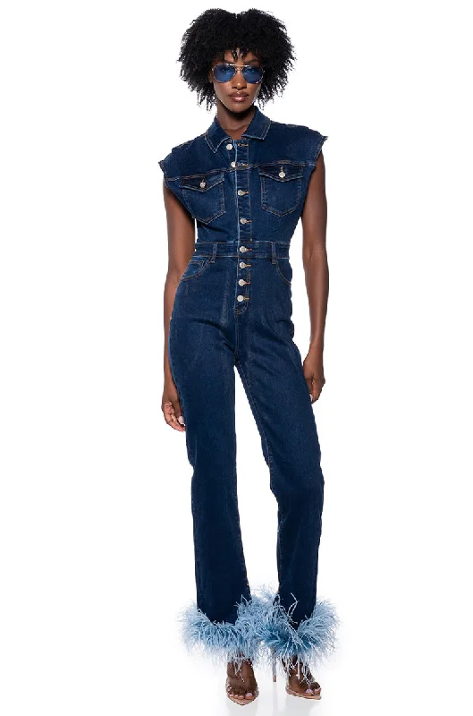 All Season Fashion Collection SANDY SLEEVELESS DENIM FEATHER TRIM JUMPSUIT