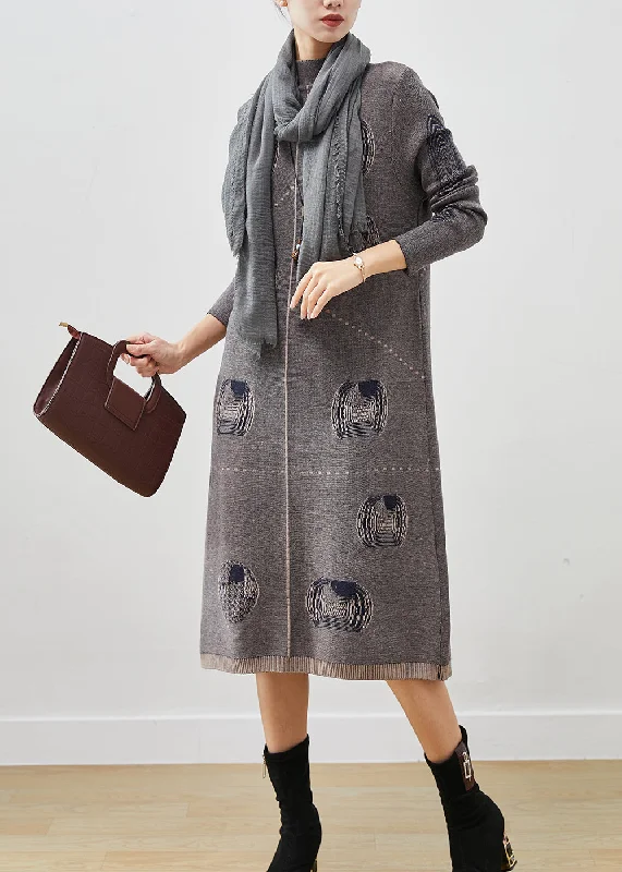 Unbeatable Prices Art Grey Stand Collar Print Knit Sweater Dress Spring