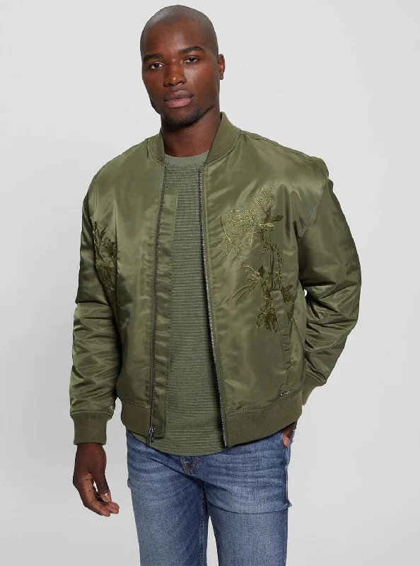 Feminine Allure Green Twill Hawk Bomber Jacket