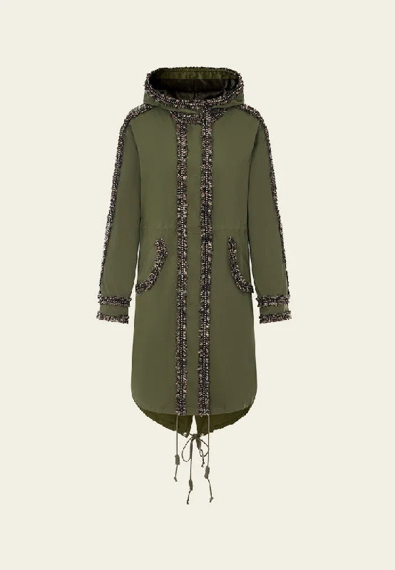 End Of Season Sale Frayed-and-chain-trim Drawstring Hooded Parka