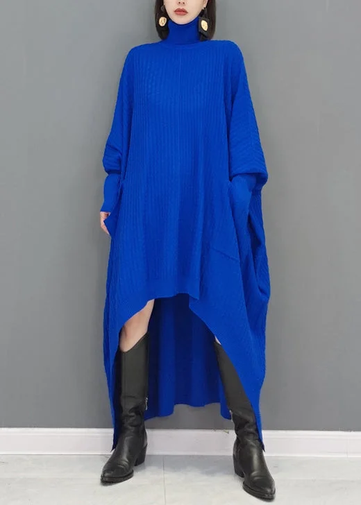 Limited-Time Offer Natural Blue Hign Neck Low High Design Knitwear Dress Fall