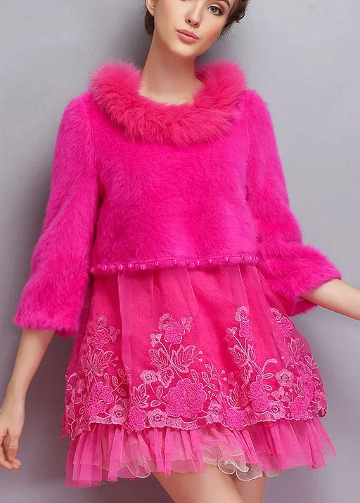 Hollywood Glam Award - Show Style Women Rose O-Neck Tulle Patchwork Winter Long sweaters Dress