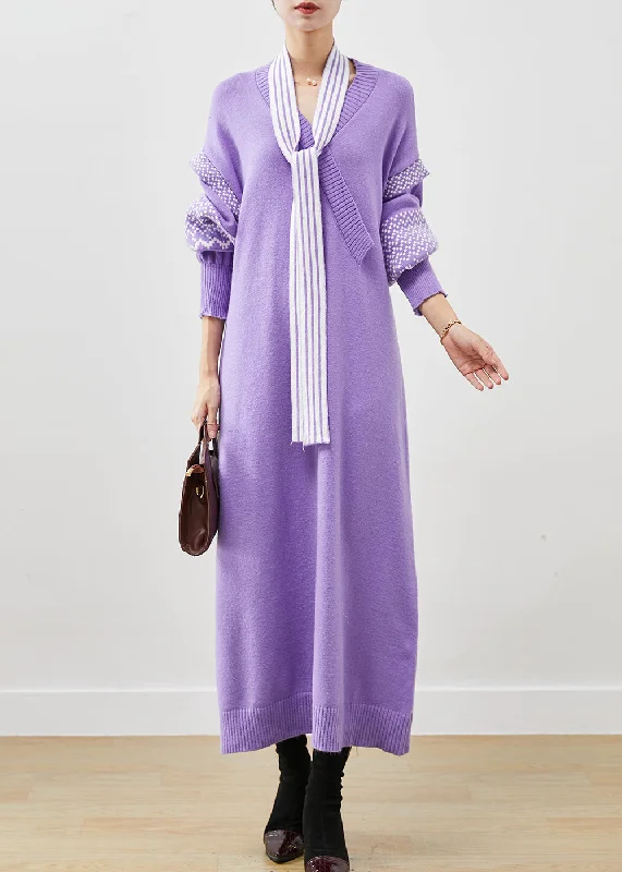 Elegant Style Classy Purple V Neck Patchwork Knit Long Sweater Lantern Sleeve