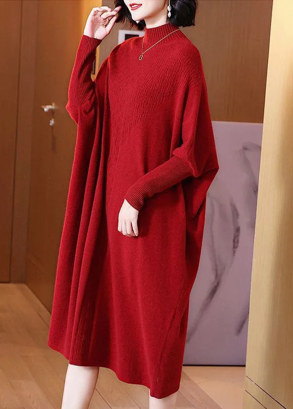 Floral Style Beautiful Red Turtleneck Cozy Cotton Knit Long Dresses Long Sleeve