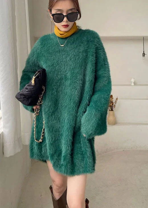 Art Deco Geometric Pattern Look Green cozy Mink Hair Knitted Sweater Dress V Neck Winter