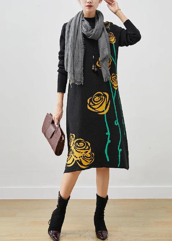 Seasonal Fashion Vintage Black Stand Collar Floral Jacquard Knit Long Dress Spring