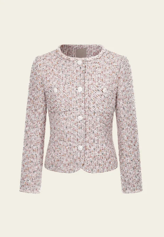 Disco - Inspired Retro Dance Look Mixed Tweed Embellished-button Cropped Jacket