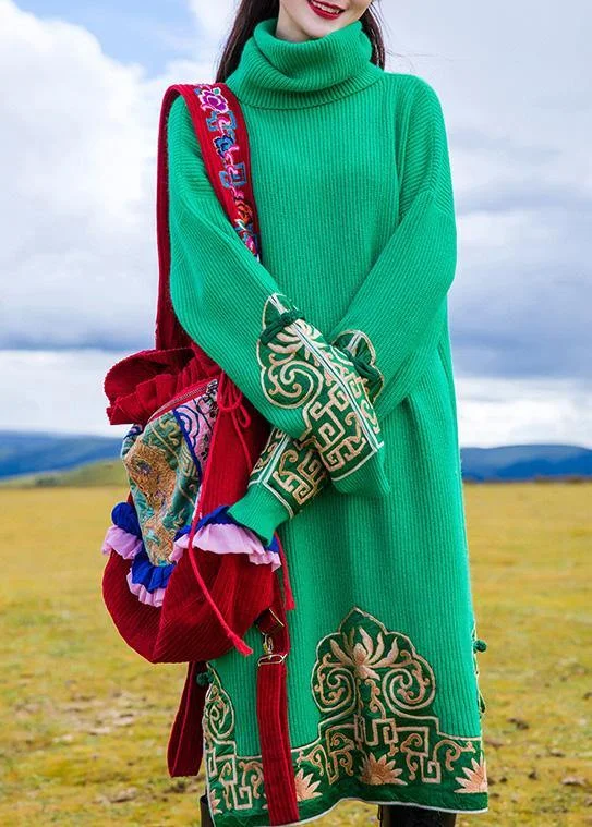 Stylish Spring Fashion Fashion embroidery Sweater high neck weather Beautiful green oversized knit dresses